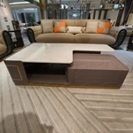 Contemporary Marble-Effect Coffee Table with Natural Wood Veneer Storage Cabinet